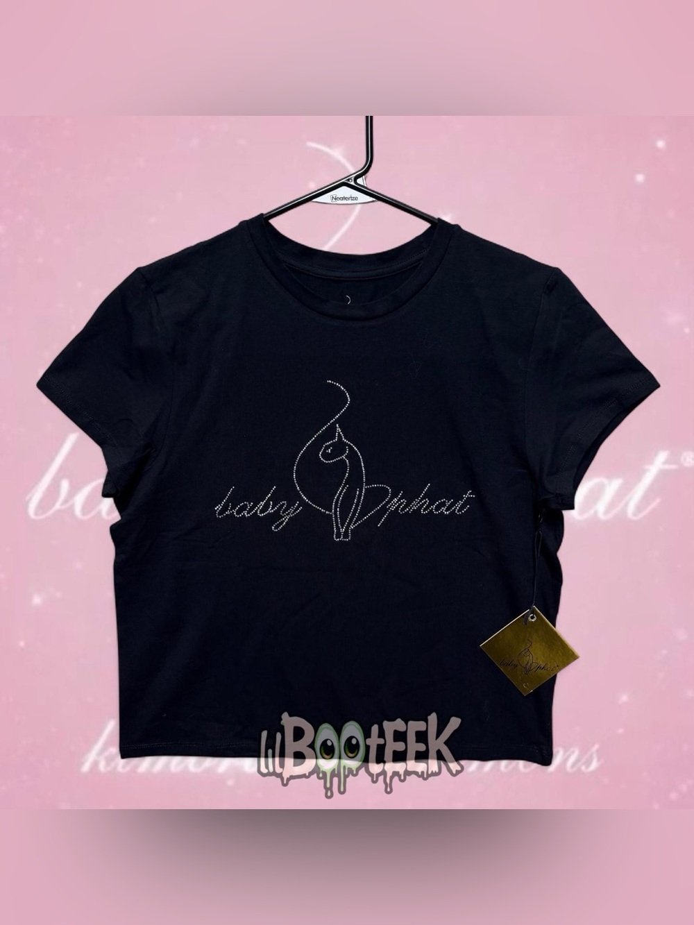 Baby Phat LG Black Short Sleeve Tee w Rhinestone Cat & Logo NwT Y2K